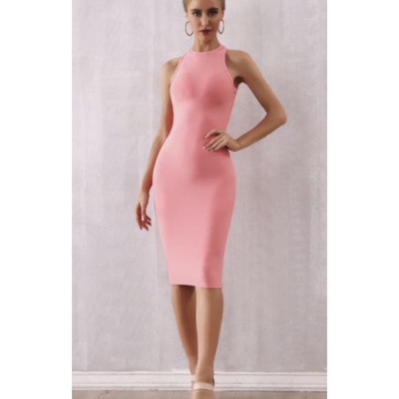 NEW! PINK PEACH CORAL HIGH NECK BANDAGE DRESS - Picture 7 of 14